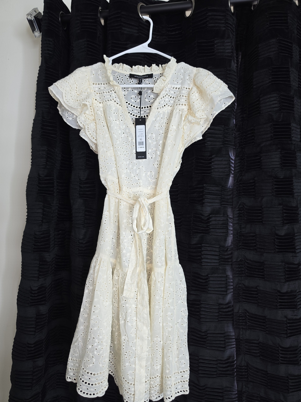 BCBGMaxAzria Cream Eyelet Ruffle Midi Dress with Tie Waist